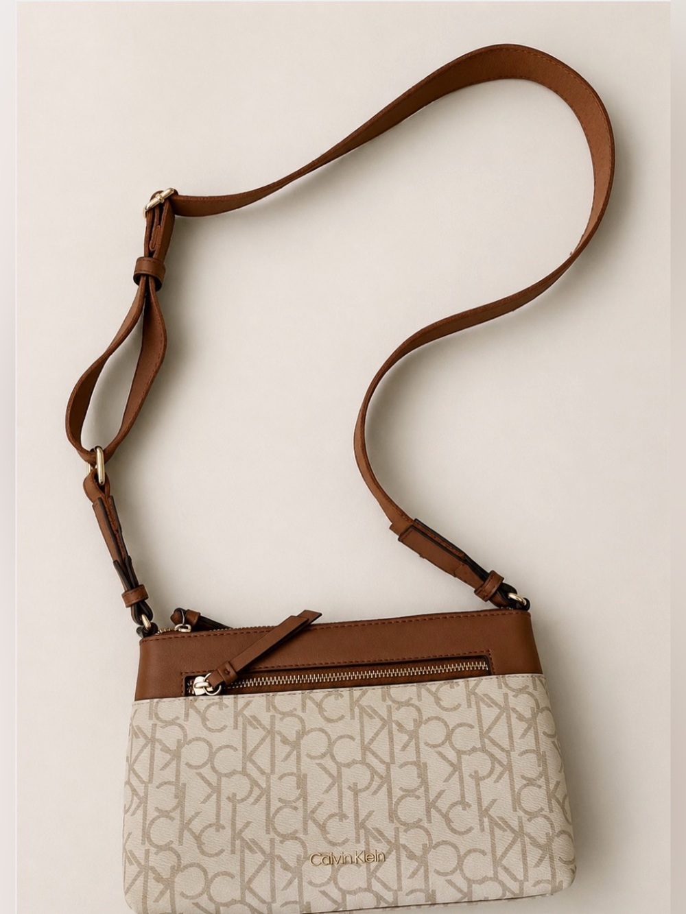 Calvin Klein Tan & Ivory Monogram Crossbody Bag